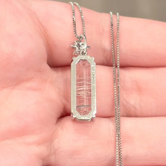 18K Rutilated Rose Quartz Diamond Necklace, White Gold, Floral, Pink Gem, Luxury
